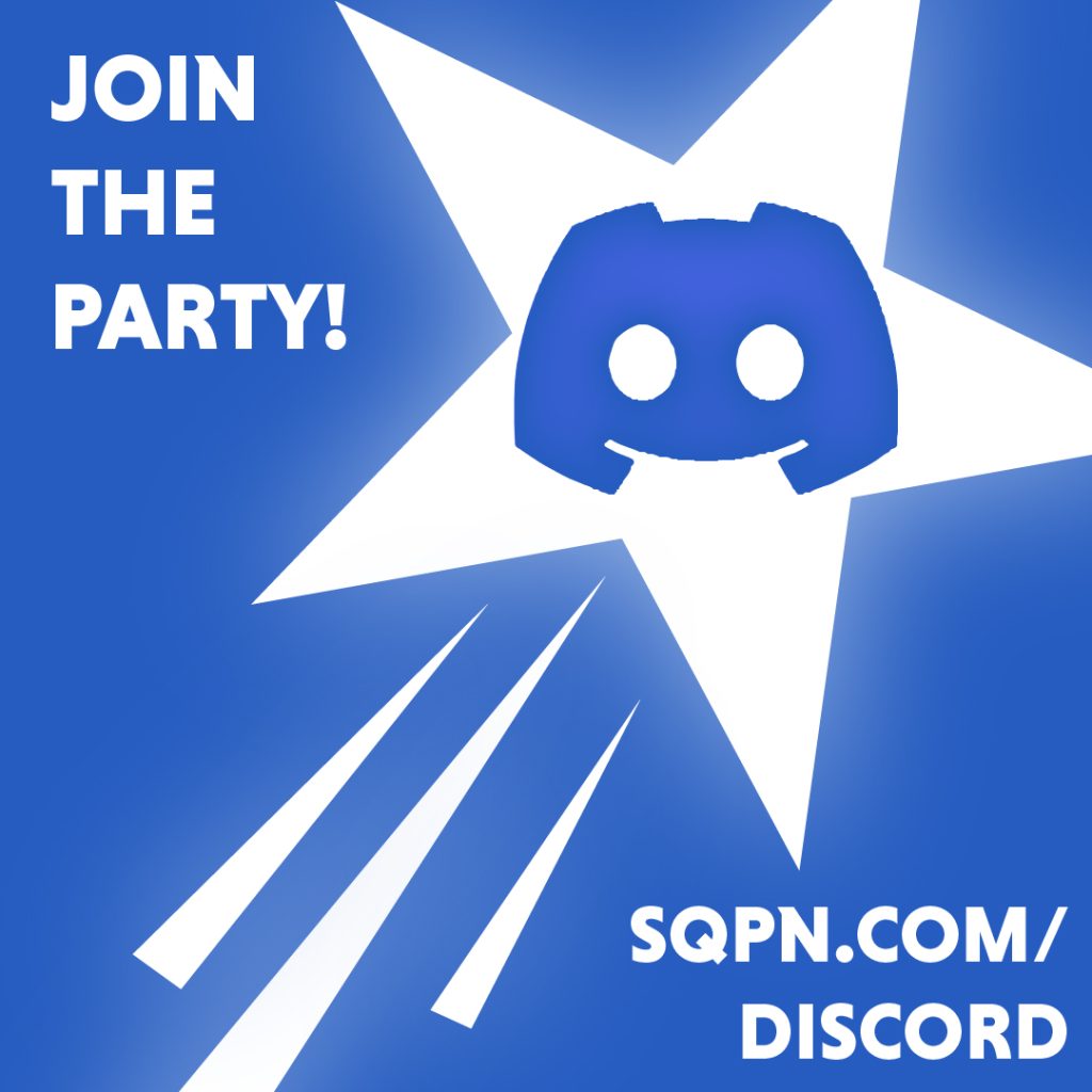 star on blue background with text of join the party linking to discord
